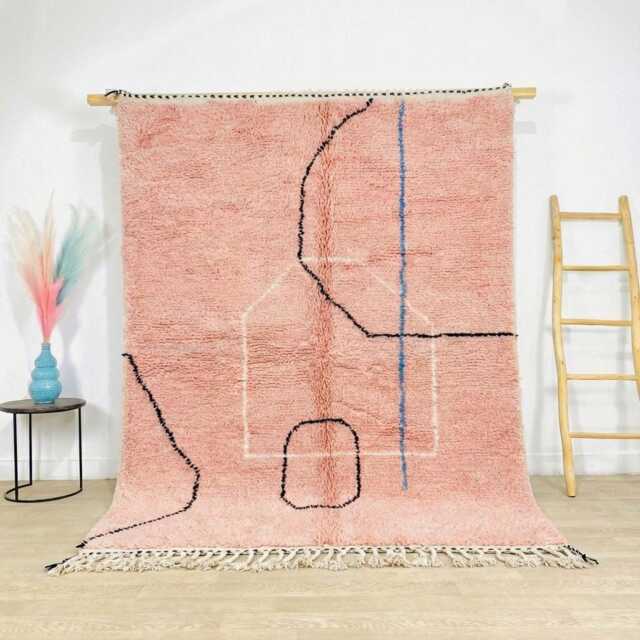 Pink Abstract Line Rug, Blue Stripe Moroccan Carpet, Handmade Berber Shag Large Area Modern Boho Home Decor - image 1