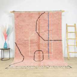 Pink Abstract Line Rug, Blue Stripe Moroccan Carpet, Handmade Berber Shag Large Area Modern Boho Home Decor - thumbnail 1