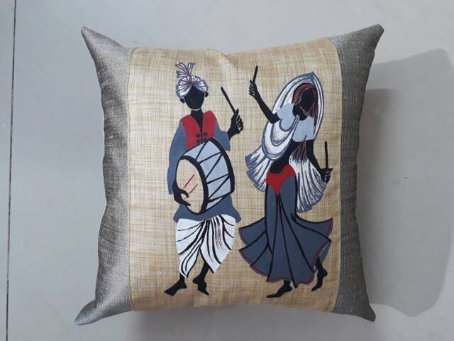 Set Of 2/Original Hand Painted Cushion Cover/Decorative Cover/ Decorative Pillow Cover /Indian Dancing Figures/Silver /Grey /Beige - image 1