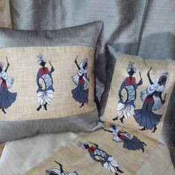 Set Of 2/Original Hand Painted Cushion Cover/Decorative Cover/ Decorative Pillow Cover /Indian Dancing Figures/Silver /Grey /Beige - thumbnail 2