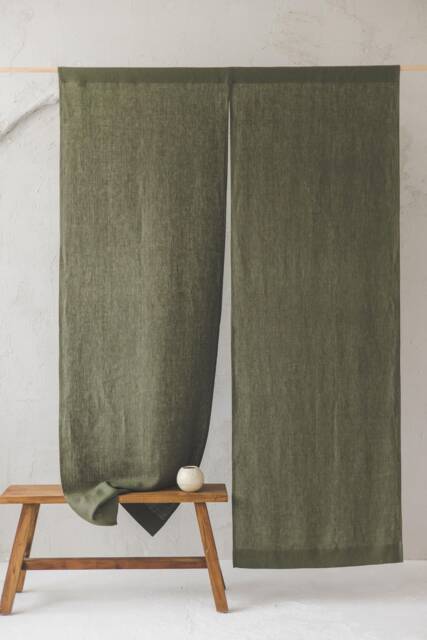 Forest Green Linen Noren Curtain, Handcrafted Japanese Room Divider, Elegant & Natural Home Decor, Eco-Friendly Doorway Curtain - image 1