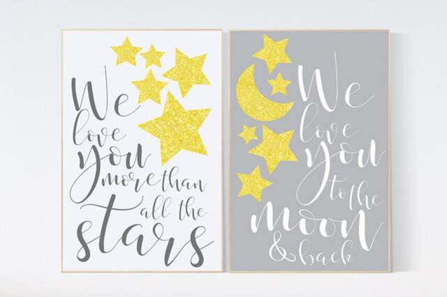 Yellow Stars Nursery Art Print Moon & Back, Gender Neutral Decor - image 1