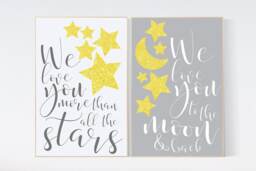 Yellow Stars Nursery Art Print Moon & Back, Gender Neutral Decor - thumbnail 1