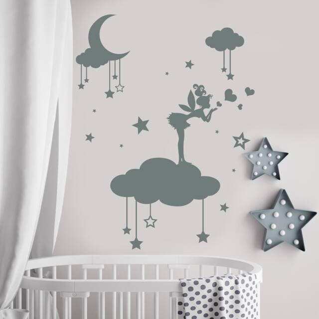 Wall Decal Fairy. Tinkerbell Decals. Moon & Star Decal. Cloud Vinyl. Girls Bedroom Decor. Nursery Sticker. Decor Girl Mm39 - image 1