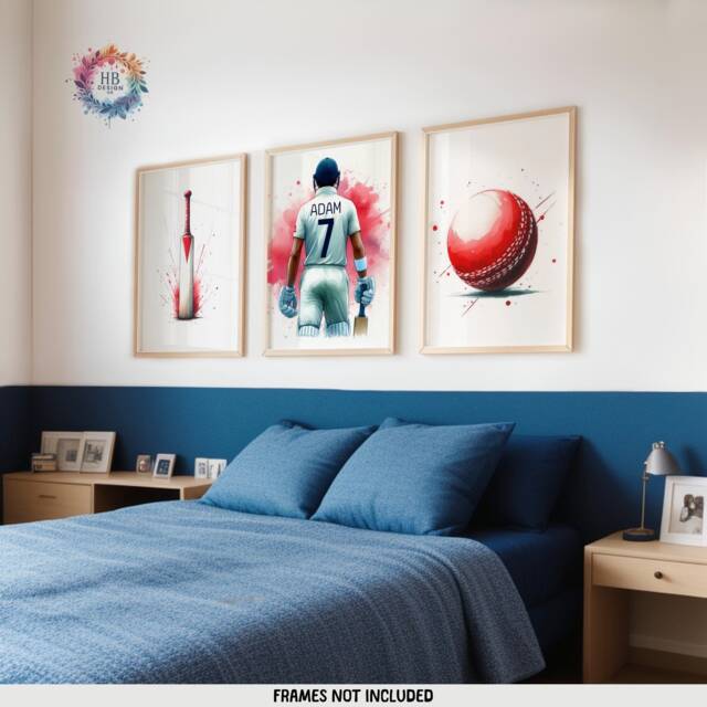 Personalised Cricket Wall Art - Set Of 3 Posters - Boys Bedroom Decor Kids Room Prints Red White Cricketer Artwork Custom Teen Gifts - image 1