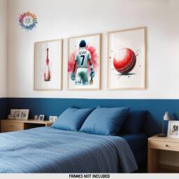 Personalised Cricket Wall Art - Set Of 3 Posters - Boys Bedroom Decor Kids Room Prints Red White Cricketer Artwork Custom Teen Gifts - thumbnail 1
