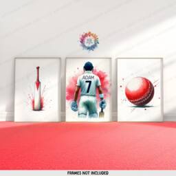 Personalised Cricket Wall Art - Set Of 3 Posters - Boys Bedroom Decor Kids Room Prints Red White Cricketer Artwork Custom Teen Gifts - thumbnail 2