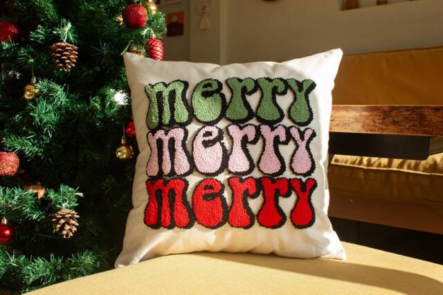 Retro Merry Christmas Pillow Cover Punch Needle Cotton Cushion - image 1