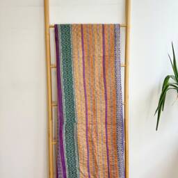 Vintage Silk Brocade Handmade Kantha Stitch Sofa Throw - Beach Camper Van Quirky Colours Gold Mustard Green Purple Stripe Exotic Rare - thumbnail 3