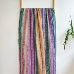 Vintage Silk Brocade Handmade Kantha Stitch Sofa Throw - Beach Camper Van Quirky Colours Gold Mustard Green Purple Stripe Exotic Rare - thumbnail 2