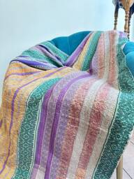 Vintage Silk Brocade Handmade Kantha Stitch Sofa Throw - Beach Camper Van Quirky Colours Gold Mustard Green Purple Stripe Exotic Rare - thumbnail 1