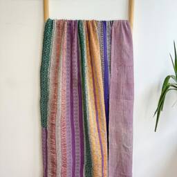 Vintage Silk Brocade Handmade Kantha Stitch Sofa Throw - Beach Camper Van Quirky Colours Gold Mustard Green Purple Stripe Exotic Rare - thumbnail 4