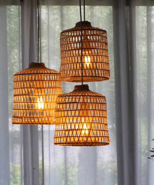 Triple Drop Cluster Canopy 3 Bamboo Pendants Ceiling Hardwire Woven Wood Light White Black - image 1