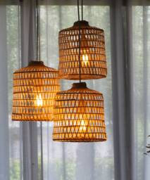 Triple Drop Cluster Canopy 3 Bamboo Pendants Ceiling Hardwire Woven Wood Light White Black - thumbnail 1