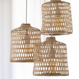 Triple Drop Cluster Canopy 3 Bamboo Pendants Ceiling Hardwire Woven Wood Light White Black - thumbnail 3