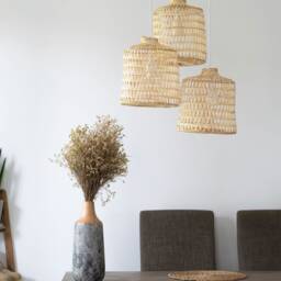 Triple Drop Cluster Canopy 3 Bamboo Pendants Ceiling Hardwire Woven Wood Light White Black - thumbnail 2
