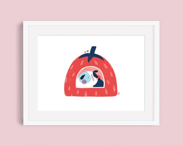 Guinea Pig in Strawberry Bed Print - Illustration Pet Gift Cute Art A5 - image 1