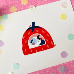 Guinea Pig in Strawberry Bed Print - Illustration Pet Gift Cute Art A5 - thumbnail 2