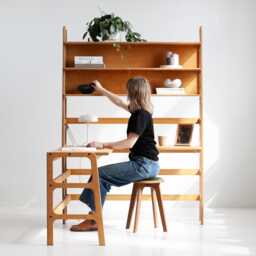Desk With Bookshelf, L-Shape Corner Shelves, Mid-Century Modern Home Office Wall Unit