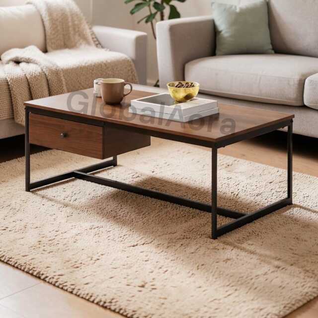 Coffee Table With Storage Drawer - Rustic Walnut Wood Metal Frame Farmhouse Low Open Shelf - image 1