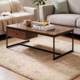 Coffee Table With Storage Drawer - Rustic Walnut Wood Metal Frame Farmhouse Low Open Shelf - thumbnail 1
