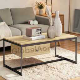 Coffee Table With Storage Drawer - Rustic Walnut Wood Metal Frame Farmhouse Low Open Shelf - thumbnail 3