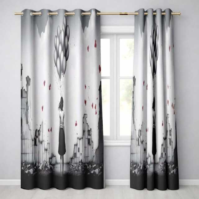 Girl Holding Silver Balloons in Ruined City Vibrant Unique Artwork For Home Decor Readymade Eyelet Ring Top Thermal 100% Blackout Curtains - image 1