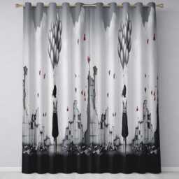Girl Holding Silver Balloons in Ruined City Vibrant Unique Artwork For Home Decor Readymade Eyelet Ring Top Thermal 100% Blackout Curtains - thumbnail 3