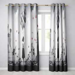 Girl Holding Silver Balloons in Ruined City Vibrant Unique Artwork For Home Decor Readymade Eyelet Ring Top Thermal 100% Blackout Curtains