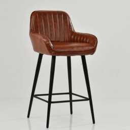 Bar Stools Faux Leather Vintage Brown Breakfast Kitchen Counter With Black Legs - Industrial - thumbnail 2
