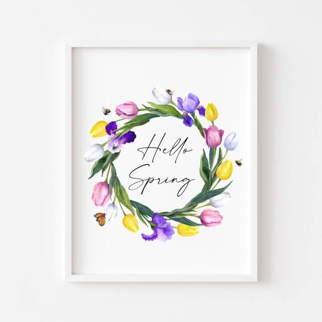 Watercolour Tulip Wreath Print Hello Spring Floral Wall Art - Unframed - image 1