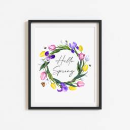 Watercolour Tulip Wreath Print Hello Spring Floral Wall Art - Unframed - thumbnail 2