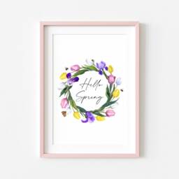 Watercolour Tulip Wreath Print Hello Spring Floral Wall Art - Unframed - thumbnail 3