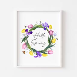 Watercolour Tulip Wreath Print Hello Spring Floral Wall Art - Unframed - thumbnail 1