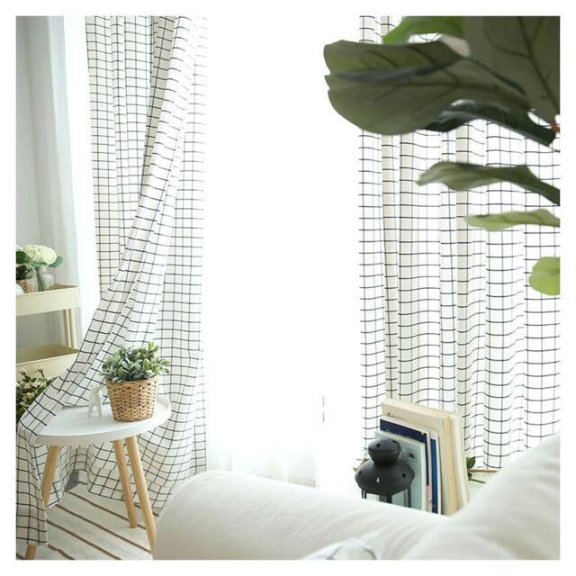 Window Curtain Panel/Window Treatment/Topper/Kitchen/Bathroom Shower Panel, Kids Nursery Children Playroom-White Check Plaid, Freegift - image 1