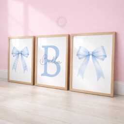 Blue Bow Nursery Prints - Set Of 3 Girls Wall Art, Custom Name Decor - thumbnail 1