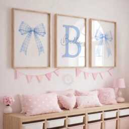 Blue Bow Nursery Prints - Set Of 3 Girls Wall Art, Custom Name Decor - thumbnail 2