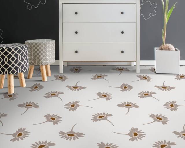 Boho Retro Daisy Print Vinyl Flooring, White Flooring Linoleum, Gray Waterproof Material, Flower High Quality Print, Easy To Clean - image 1