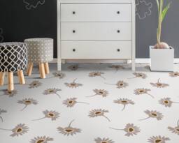 Boho Retro Daisy Print Vinyl Flooring, White Flooring Linoleum, Gray Waterproof Material, Flower High Quality Print, Easy To Clean