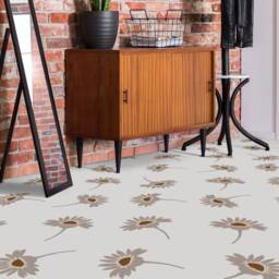 Boho Retro Daisy Print Vinyl Flooring, White Flooring Linoleum, Gray Waterproof Material, Flower High Quality Print, Easy To Clean - thumbnail 3