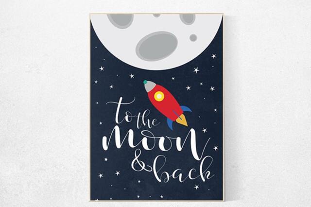 Space Nursery Art Print Moon & Rocket, Boys Room Decor - image 1