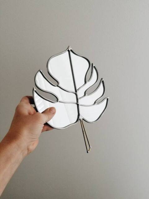 Monstera Tropical Leaf Mirror With Brass Detail - Stained Glass Wall Hanging - image 1