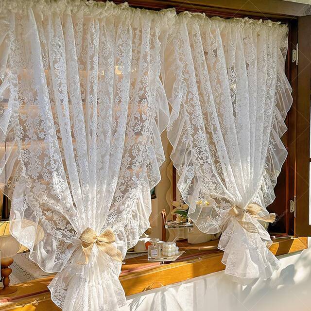 French Style Lace Curtain Embroidered Floral Ruffled Cafe Curtain - image 1