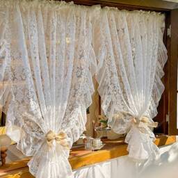 French Style Lace Curtain Embroidered Floral Ruffled Cafe Curtain - thumbnail 1