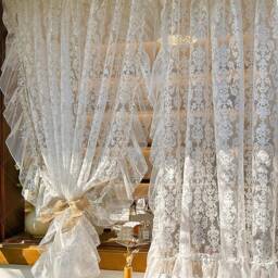 French Style Lace Curtain Embroidered Floral Ruffled Cafe Curtain - thumbnail 3