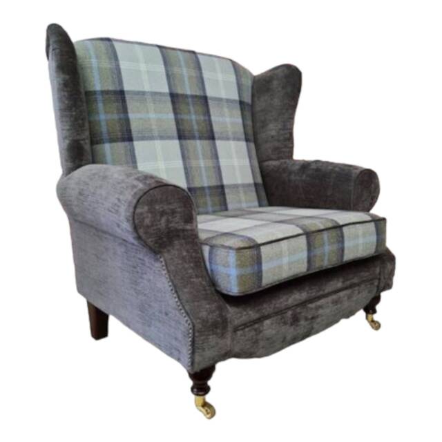 Wingback Chair Oxford Blue Tartan, Grey Plush - Snuggle Cottage Style - image 1