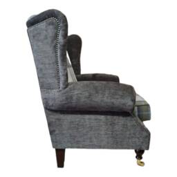 Wingback Chair Oxford Blue Tartan, Grey Plush - Snuggle Cottage Style - thumbnail 4