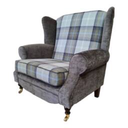 Wingback Chair Oxford Blue Tartan, Grey Plush - Snuggle Cottage Style - thumbnail 3
