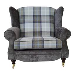 Wingback Chair Oxford Blue Tartan, Grey Plush - Snuggle Cottage Style - thumbnail 2