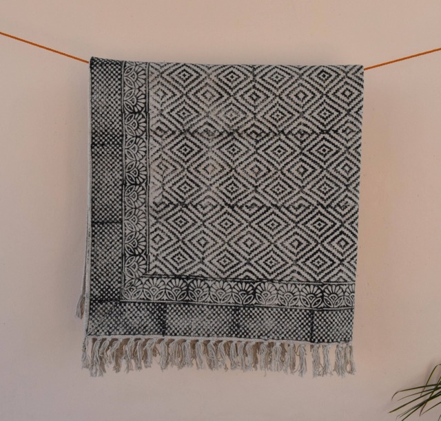 Large Block Printed Cotton Dhurrie Rug, Bohemian Decor - 9x12 Ft - image 1